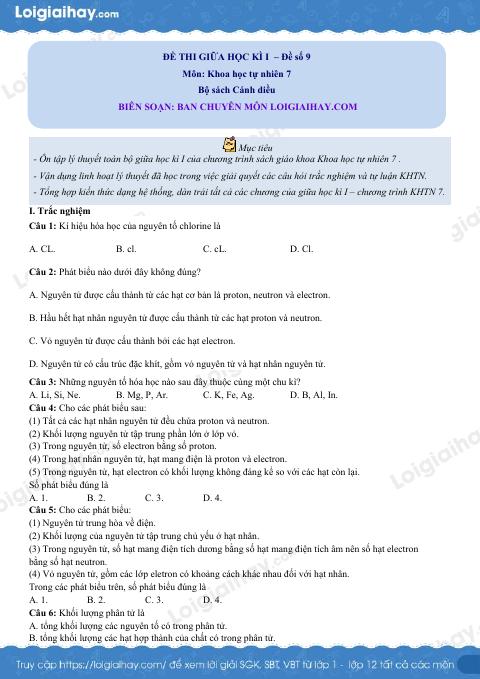 Đề thi giữa kì 1 KHTN 7 Cánh diều - Đề số 9